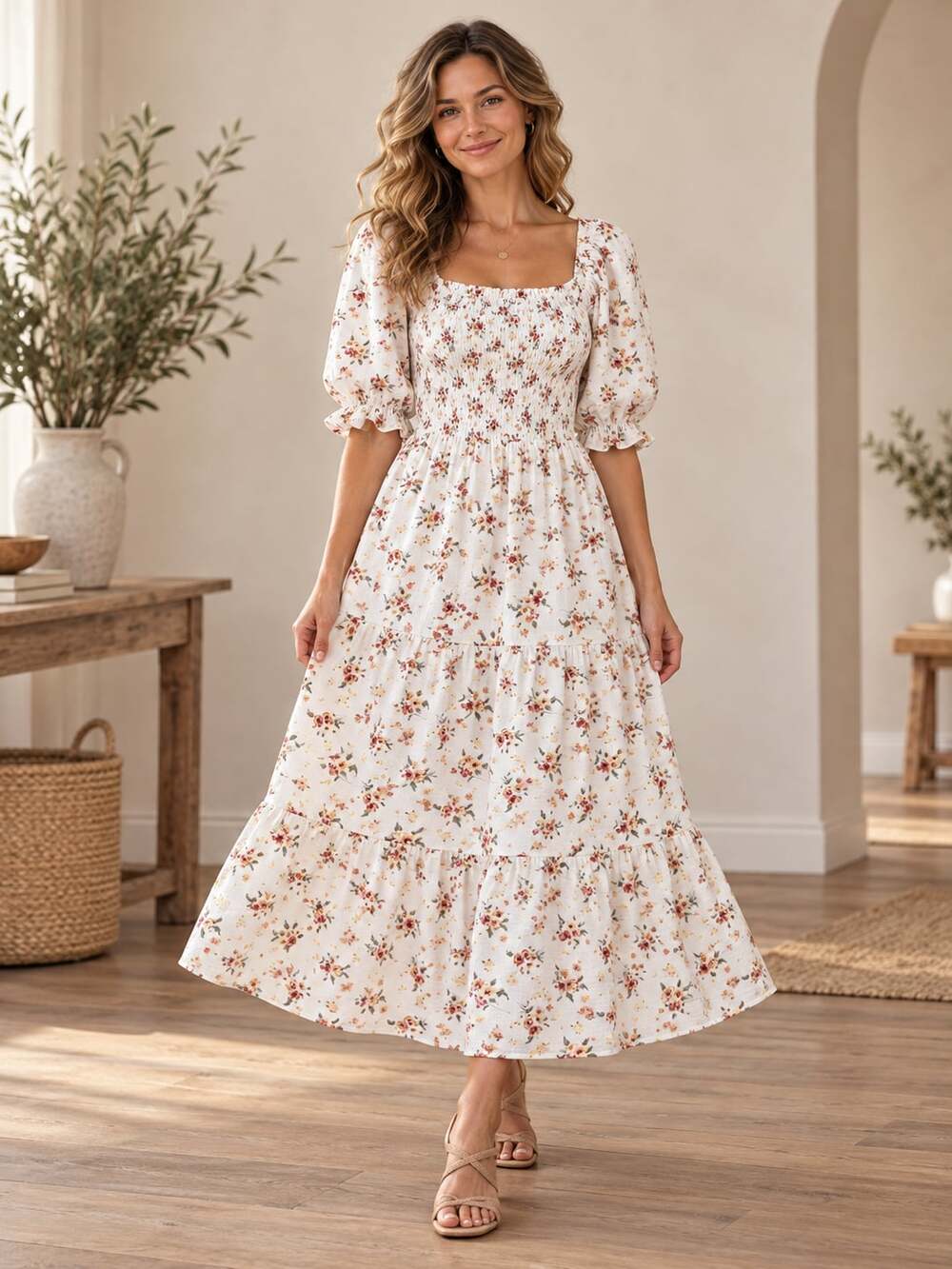Polagram Floral Midi Dress White Puff Sleeve Smocked Tiered Pockets L